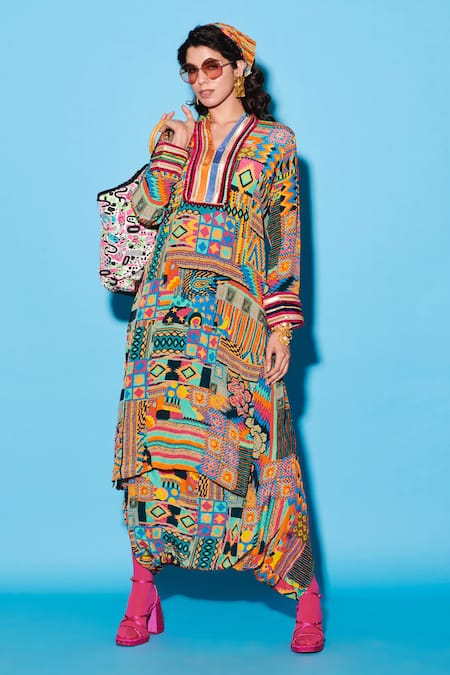 Buy_Esha L Amin_Multi Color Viscose Embroidery Mandarin Collar Aztec Geometric Print Kurta _Online_at_Aza_Fashions