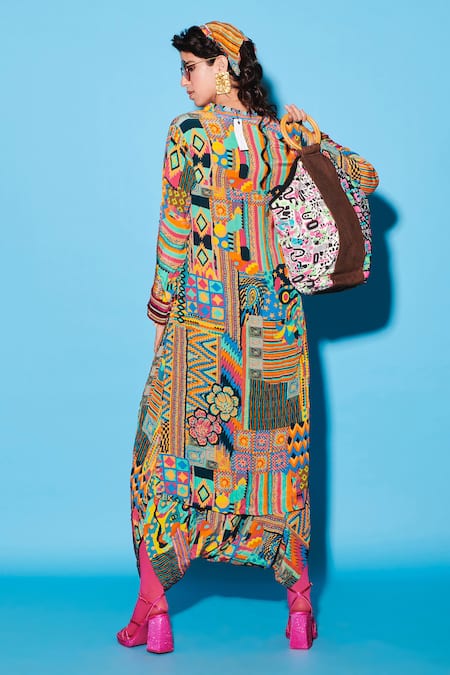 Shop_Esha L Amin_Multi Color Viscose, Crepe Aztec Geometric Print Dhoti Pant _at_Aza_Fashions