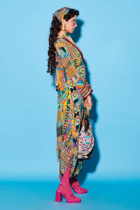 Esha L Amin_Multi Color Viscose, Crepe Aztec Geometric Print Dhoti Pant _Online_at_Aza_Fashions