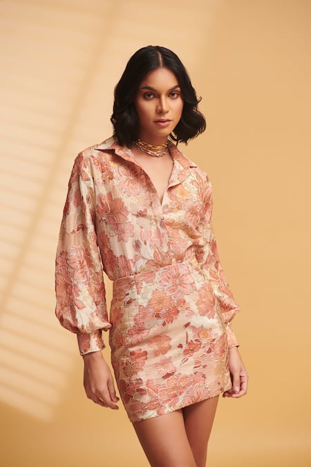 Torqadorn_Brown Tissue, Silk Sequins, Zari Collared Embroidered Floral Shirt _Online_at_Aza_Fashions
