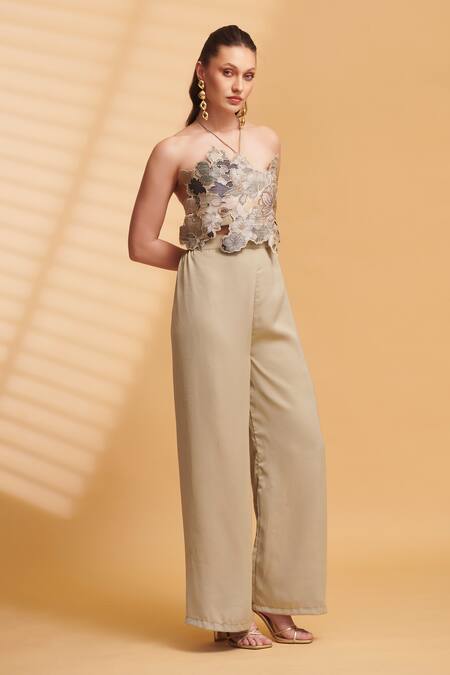 Torqadorn Beige Tissue Silk Blend Embroidered Zari Halter Neck Sequin Floral Top Online at Aza Fashions Torqadorn_Beige Tissue Silk Blend Embroidered Zari Halter Neck Sequin Floral Top _Online_at_Aza_Fashions