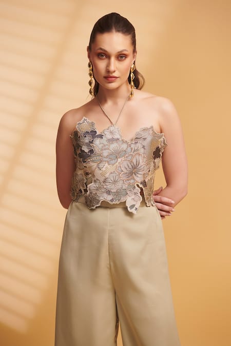 Buy Torqadorn Beige Tissue Silk Blend Embroidered Zari Halter Neck Sequin Floral Top Online at Aza Fashions Buy_Torqadorn_Beige Tissue Silk Blend Embroidered Zari Halter Neck Sequin Floral Top _Online_at_Aza_Fashions