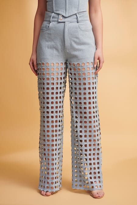 Shop_Torqadorn_Blue Denim Cutwork Jeans_Online_at_Aza_Fashions