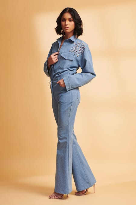 Shop_Torqadorn_Blue Denim Solid Bell-bottom Jeans _at_Aza_Fashions