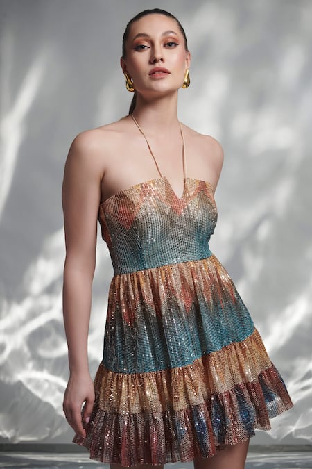 Torqadorn Multi Color Net Sequins Halter Neck Embellished Tiered Dress Online at Aza Fashions Torqadorn_Multi Color Net Sequins Halter Neck Embellished Tiered Dress_Online_at_Aza_Fashions