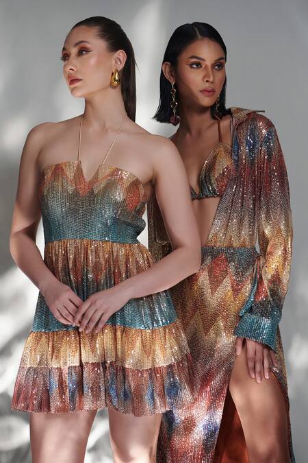 Buy Torqadorn Multi Color Net Sequins Halter Neck Embellished Tiered Dress Online at Aza Fashions Buy_Torqadorn_Multi Color Net Sequins Halter Neck Embellished Tiered Dress_Online_at_Aza_Fashions