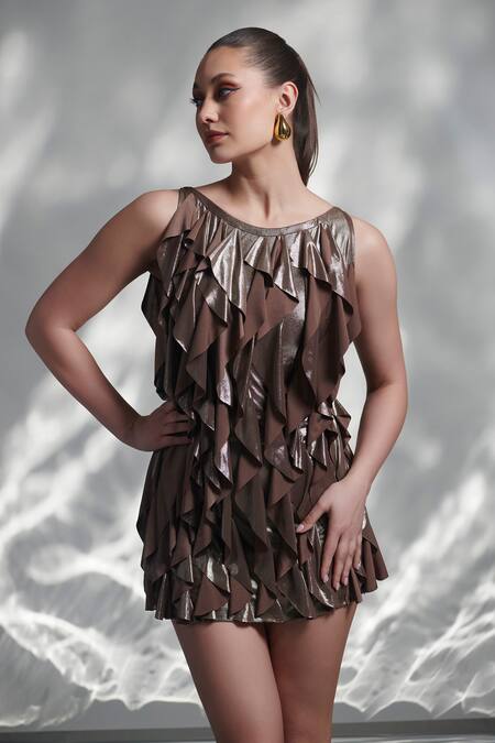 Buy_Torqadorn_Brown Lycra Solid Round Tiered Ruffle Dress_Online_at_Aza_Fashions