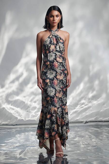 Torqadorn Black Pasmina Print Floral Halter Neck Dress Online at Aza Fashions Torqadorn_Black Pasmina Print Floral Halter Neck Dress _Online_at_Aza_Fashions