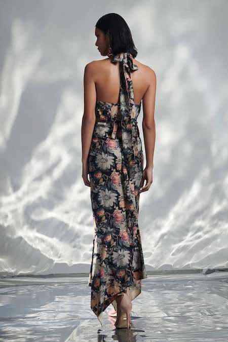 Torqadorn Floral Print Halter Neck Dress 