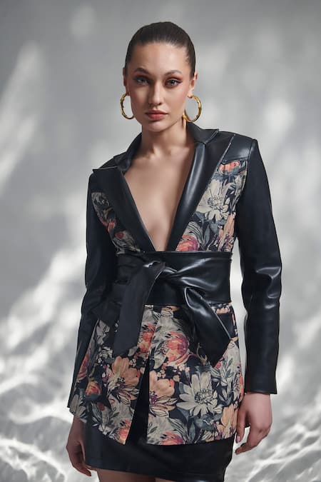 Buy Torqadorn Black Leather, Pashmina Embroidery Floral Print Jacket Online at Aza Fashions Buy_Torqadorn_Black Leather, Pashmina Embroidery Floral Print Jacket _Online_at_Aza_Fashions