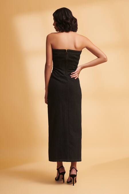 Shop_Torqadorn_Blue Denim Off-shoulder Colourblock Slit Dress _at_Aza_Fashions