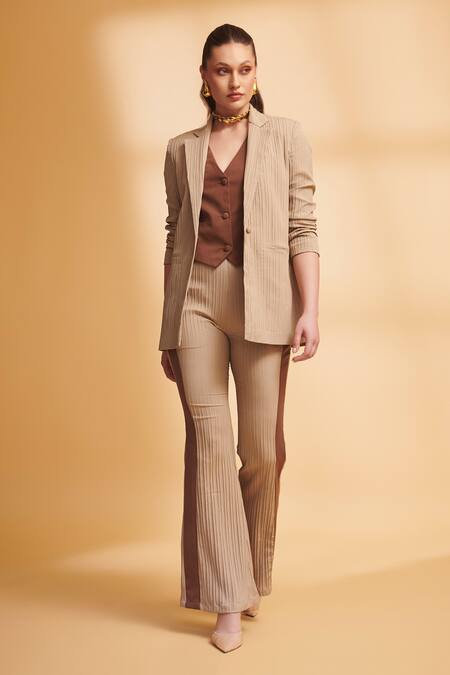 Buy_Torqadorn_Beige Georgette Textured Lapel Collar Oversized Blazer_Online_at_Aza_Fashions