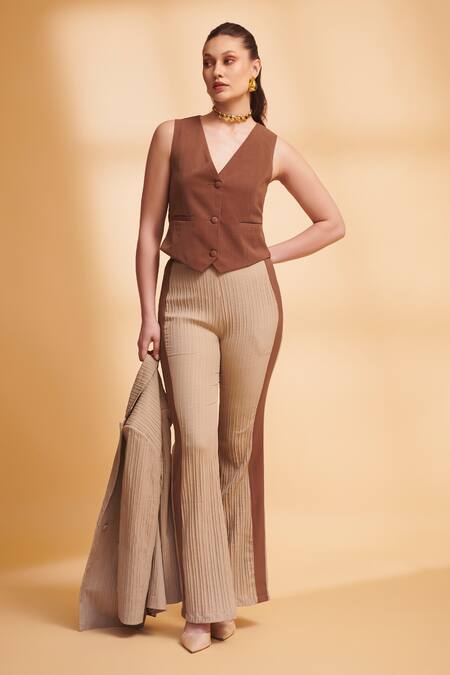 Torqadorn_Beige Georgette Textured Lapel Collar Oversized Blazer_at_Aza_Fashions