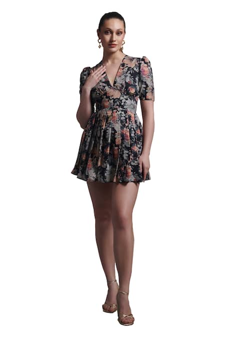 Torqadorn_Black Pasmina Print Floral V Neck Hana Dress _Online_at_Aza_Fashions