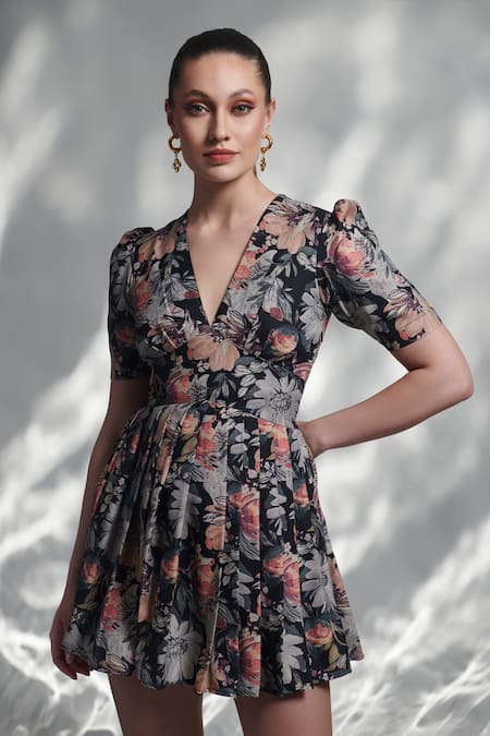 Torqadorn_Black Pasmina Print Floral V Neck Hana Dress _at_Aza_Fashions