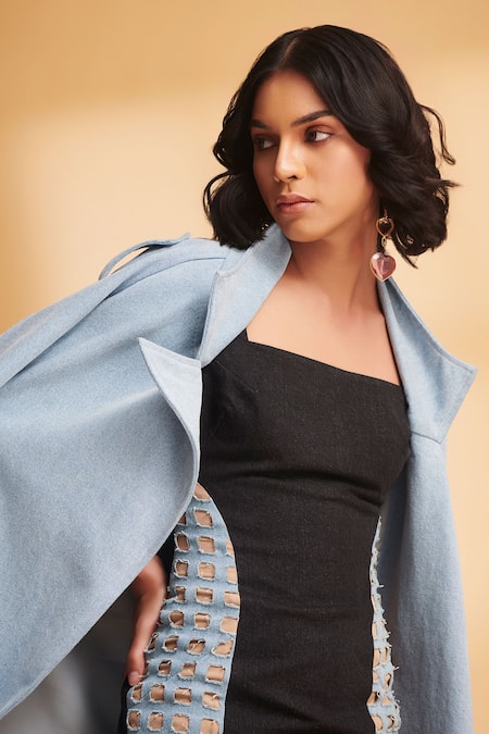 Buy Torqadorn Black Denim Cutwork Panel Square Neck Colour Block Mini Dress Online at Aza Fashions Buy_Torqadorn_Black Denim Cutwork Panel Square Neck Colour Block Mini Dress _Online_at_Aza_Fashions