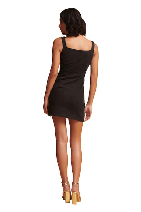 Buy Torqadorn Black Denim Cutwork Panel Square Neck Colour Block Mini Dress Buy_Torqadorn_Black Denim Cutwork Panel Square Neck Colour Block Mini Dress