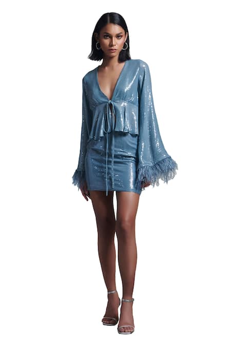 Torqadorn_Blue Silk Sequins V-neck Belle Embellished Top _Online_at_Aza_Fashions