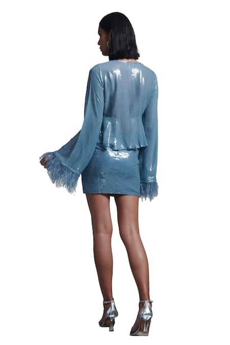 Buy_Torqadorn_Blue Silk Sequins V-neck Belle Embellished Top _Online_at_Aza_Fashions