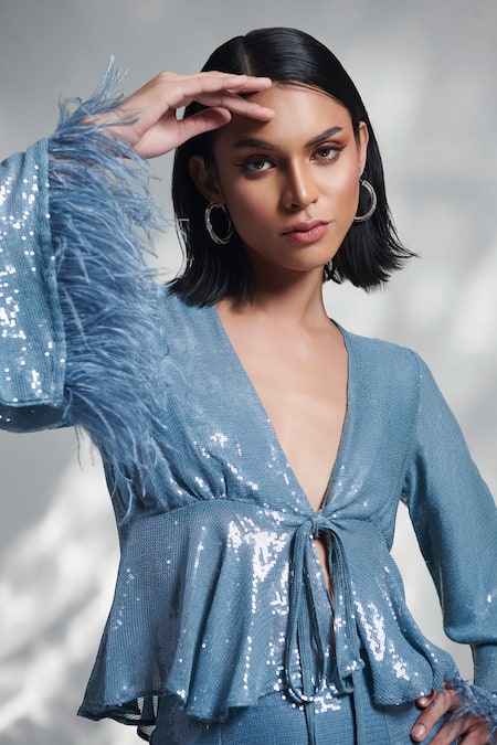 Torqadorn_Blue Silk Sequins V-neck Belle Embellished Top _at_Aza_Fashions