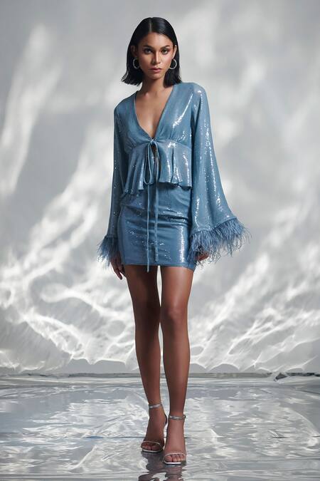 Buy_Torqadorn_Blue Silk Sequins V-neck Belle Embellished Top 