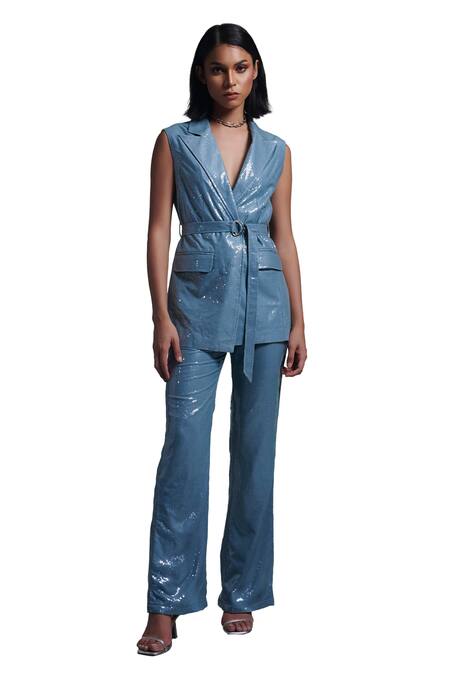 Buy_Torqadorn_Blue Sequin Embellished Lapel Collar Belle Blazer With Belt _Online_at_Aza_Fashions