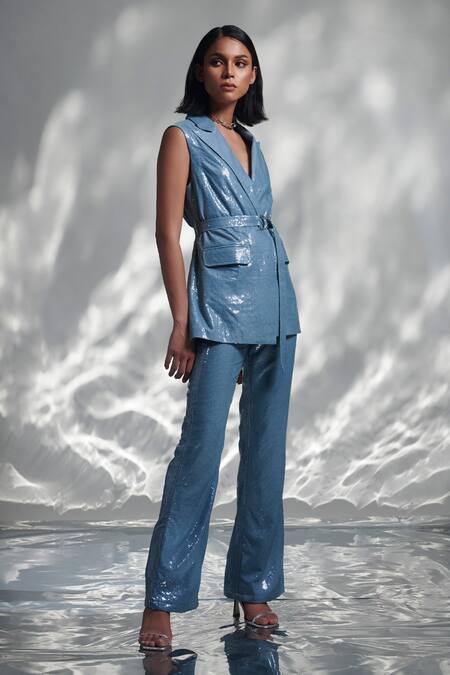 Shop_Torqadorn_Blue Sequin Embellished Lapel Collar Belle Blazer With Belt _Online_at_Aza_Fashions