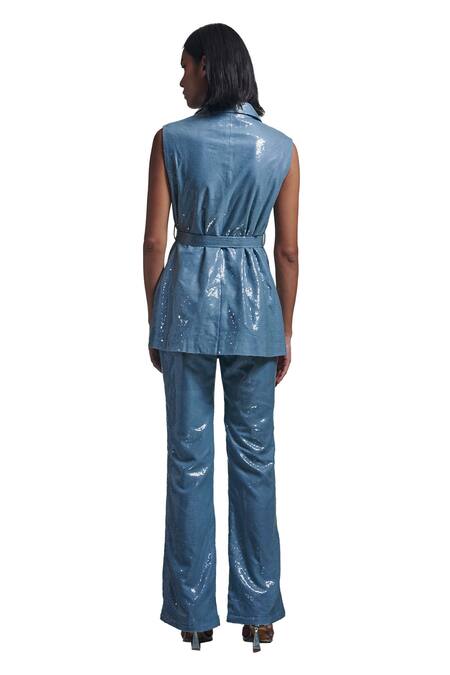 Torqadorn_Blue Sequin Embellished Lapel Collar Belle Blazer With Belt _at_Aza_Fashions