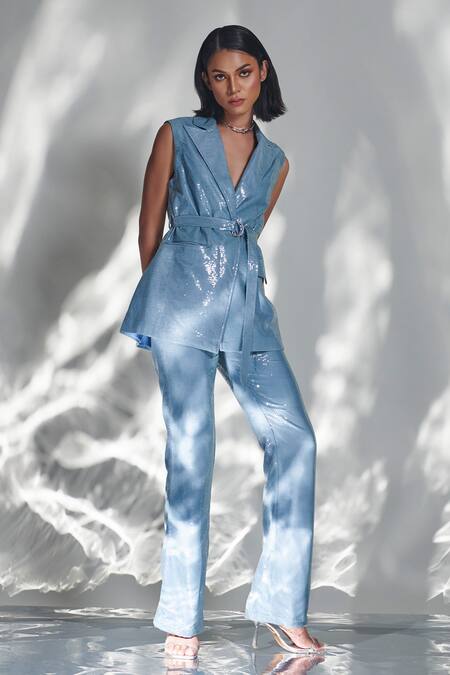 Buy_Torqadorn_Blue Sequin Embellished Lapel Collar Belle Blazer With Belt 