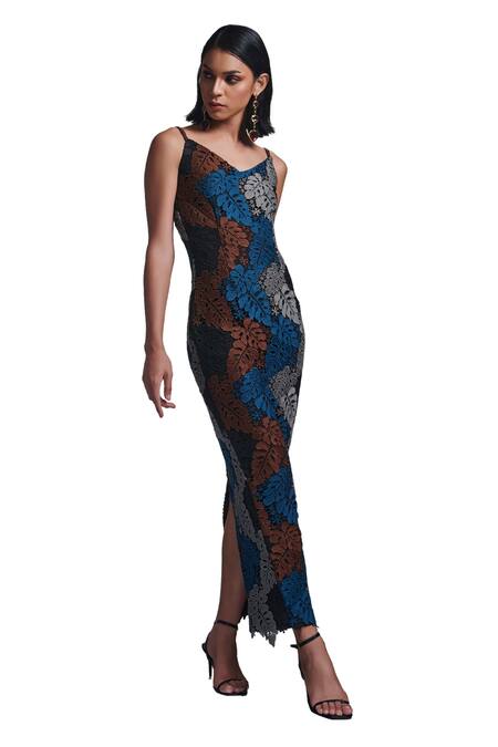 Torqadorn_Multi Color Cotton Embroidery V-neck Floral Crochet Maxi Dress_Online_at_Aza_Fashions