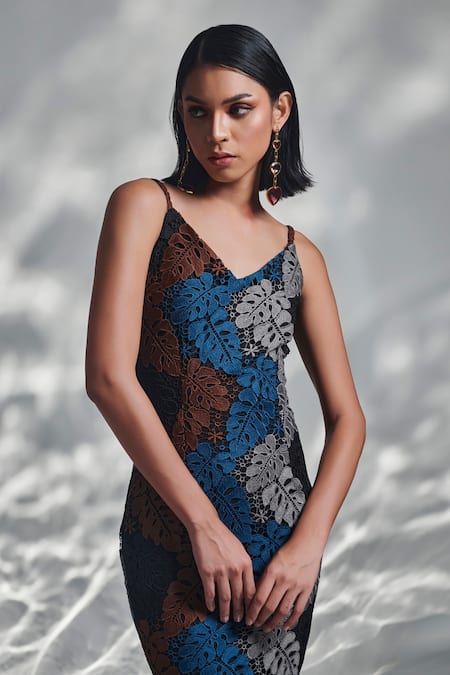 Torqadorn_Multi Color Cotton Embroidery V-neck Floral Crochet Maxi Dress_at_Aza_Fashions