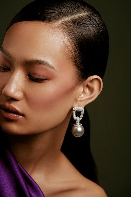 Shop Anaash White Stones, Pearls Dazzle Drop Earrings at Aza Fashions Shop_Anaash_White Stones, Pearls Dazzle Drop Earrings _at_Aza_Fashions