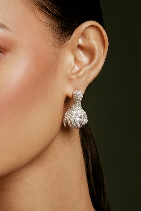Shop Anaash White Stones, Pearls Zing Studded Drop Earrings at Aza Fashions Shop_Anaash_White Stones, Pearls Zing Studded Drop Earrings _at_Aza_Fashions