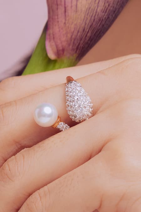 Shop Anaash White Stones, Pearls Nova Wrap Ring at Aza Fashions Shop_Anaash_White Stones, Pearls Nova Wrap Ring _at_Aza_Fashions