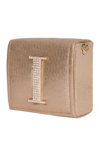 Shop_NR By Nidhi Rathi_Gold Crystal I Letter Embellished Clutch_Online_at_Aza_Fashions