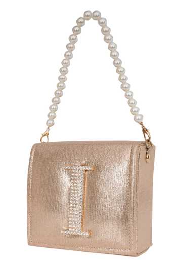 NR By Nidhi Rathi_Gold Crystal I Letter Embellished Clutch_at_Aza_Fashions