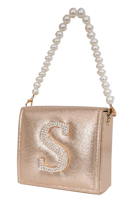 NR By Nidhi Rathi_Gold Crystal S Letter Embellished Clutch_Online_at_Aza_Fashions