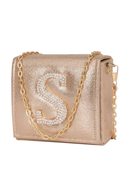 Buy_NR By Nidhi Rathi_Gold Crystal S Letter Embellished Clutch_Online_at_Aza_Fashions