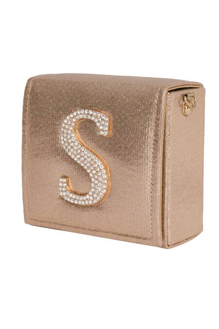 Shop_NR By Nidhi Rathi_Gold Crystal S Letter Embellished Clutch