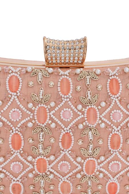 NR By Nidhi Rathi_Peach Stone Pearl And Embellished Clutch_Online_at_Aza_Fashions