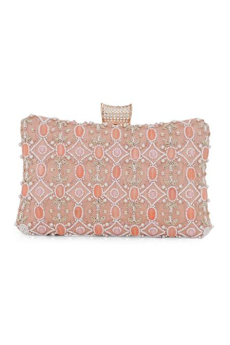 Shop_NR By Nidhi Rathi_Peach Stone Pearl And Embellished Clutch_Online_at_Aza_Fashions