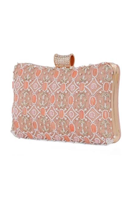 NR By Nidhi Rathi_Peach Stone Pearl And Embellished Clutch_at_Aza_Fashions