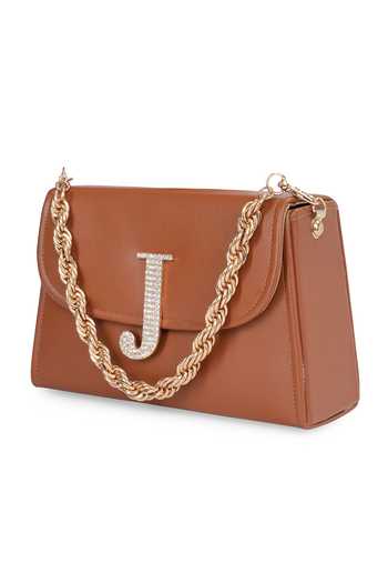 NR By Nidhi Rathi_Brown Bead J Initial Embellished Box Clutch_Online_at_Aza_Fashions
