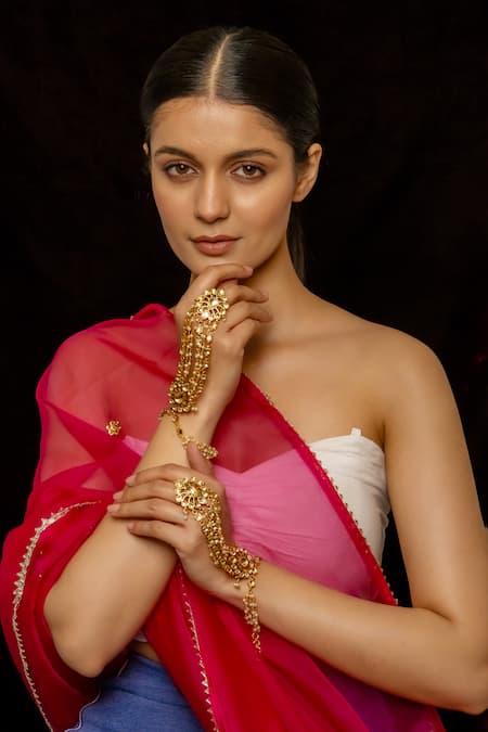 Shop_Shlok Jewels_White Pearls Petal Bloom Kundan And Studded Hathphool Set Of 2 _at_Aza_Fashions