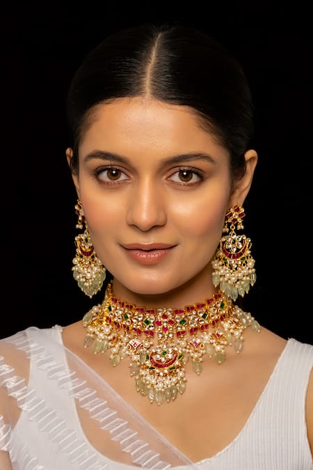 Shop_Shlok Jewels_Multi Color Gota Patti, Stones Floret Cutwork Kundan Embellished Necklace Set _at_Aza_Fashions
