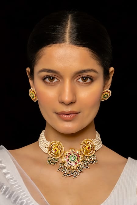Shop_Shlok Jewels_Multi Color Gota Patti, Floral Bloom Cutwork Kundan Embellished Choker Set _at_Aza_Fashions