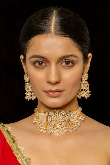 Shop_Shlok Jewels_White Geometric Kundan Embellished Choker Set _at_Aza_Fashions