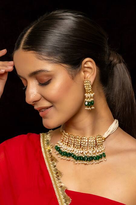 Shlok Jewels_White Gota Patti, Diamonds, Stones Kundan And Embellished Necklace Set _Online_at_Aza_Fashions