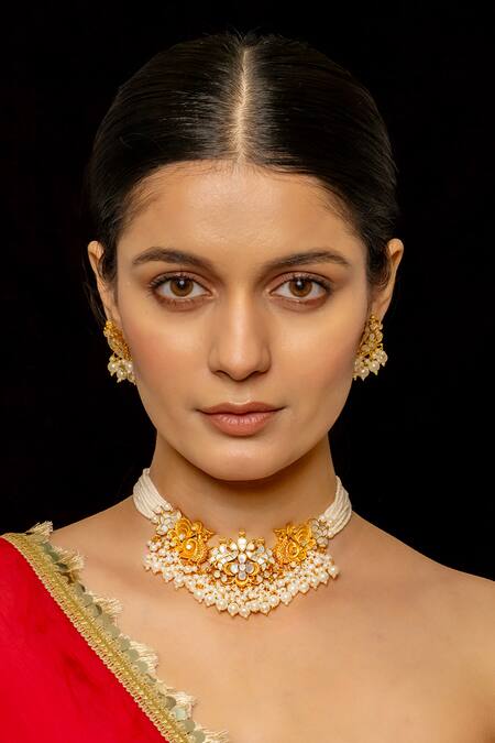 Shop_Shlok Jewels_White Peacock Carved Kundan Work Necklace Set _at_Aza_Fashions