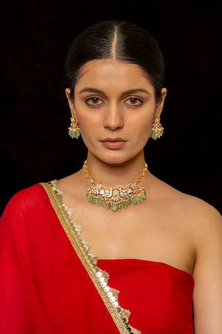 Shop_Shlok Jewels_White Pearls, Stones Kundan Embellished Peacock Carved Necklace Set _at_Aza_Fashions